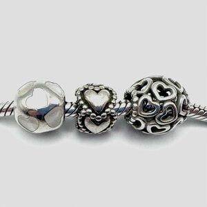 Pandora Heart Themed Sterling Silver Bundle Lot Set of 3